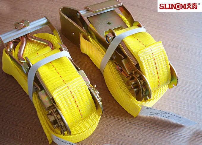WLL 3335 LBS Polyester Ratchet Straps , Yellow Car Trailer Straps CE Approved