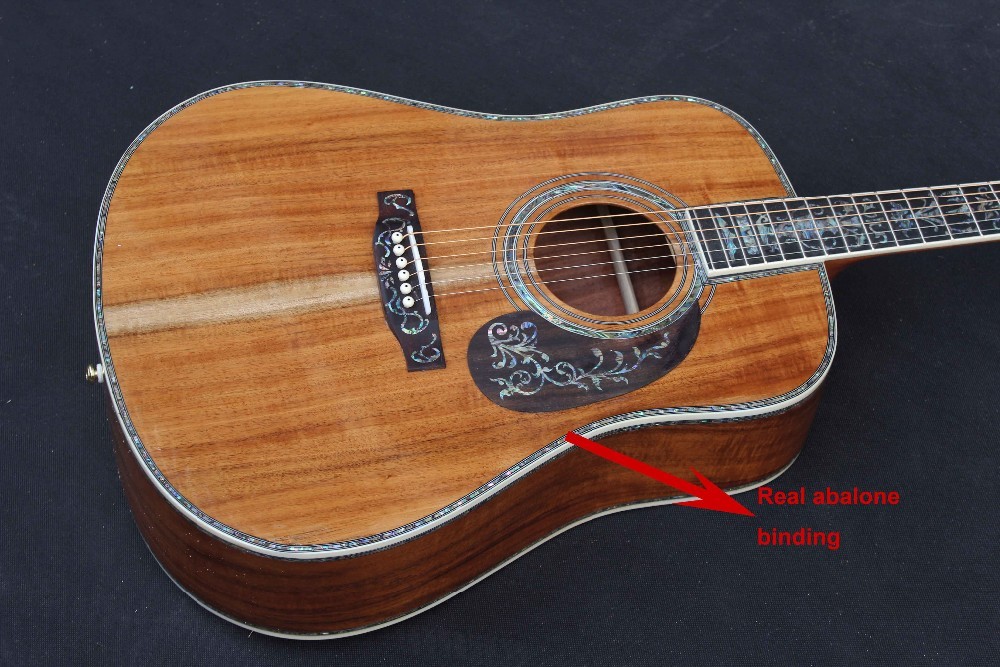 Handmade Deluxe solid koa wood Acoustic guitar, acoustic Guitarra, solid koa wood with abalone inlay