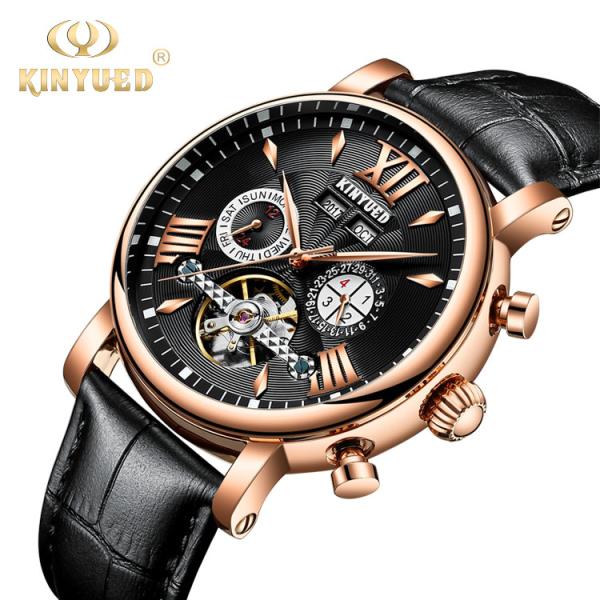 KINYUED J017-3 Gold Case Black Dial Leather Strap Complete Calendar Skeleton