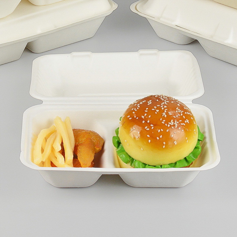 2 Compart Sugarcane Fibers Clamshell Lunch Box Eco Friendly Biodegradable