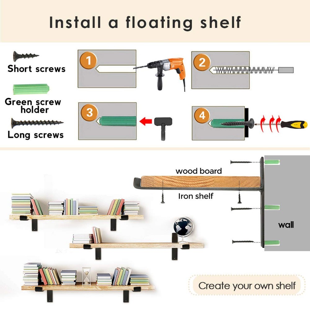 DIY Floating Shelf Black 12 inch J Shelf Bracket with Lip Hook Process Deep Drawing