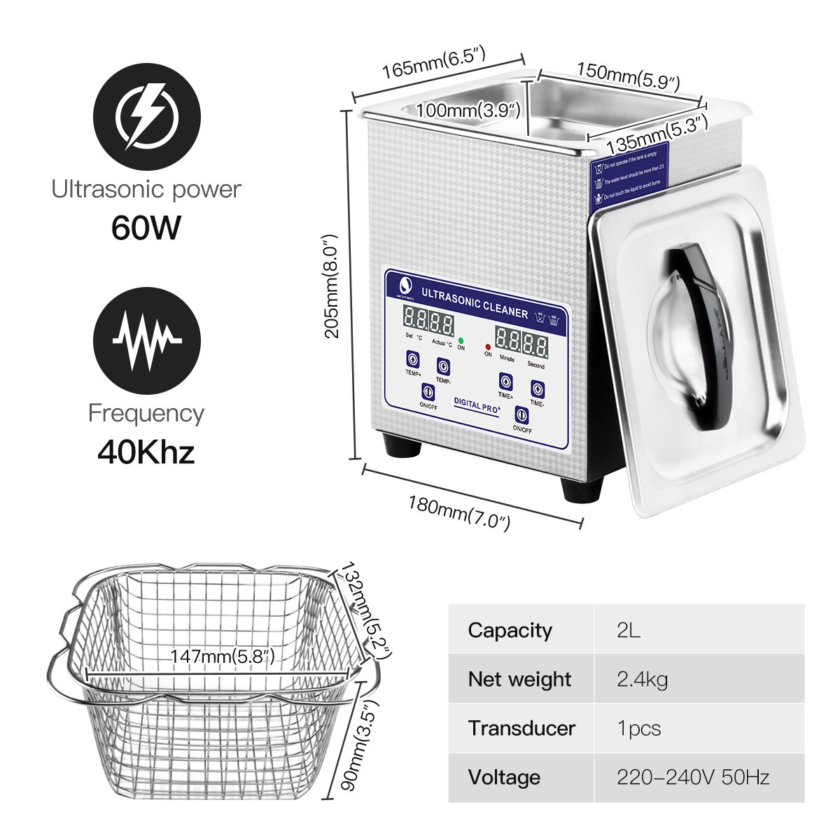 Skymen 2l 40khz 80w benchtop ultrasonic cleaner with digital timer & heater