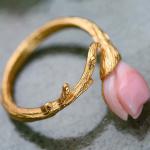 Women Sterling Silver Natural Pink Shell Tulip Gold Plated Ring Open Adjustable