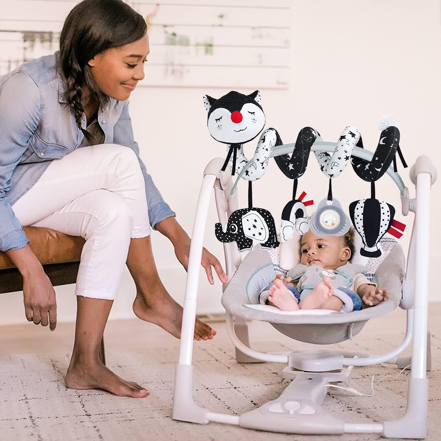 Newborn Musical Black Fox Stroller Toys High Contrast Black and White Toys for Babies