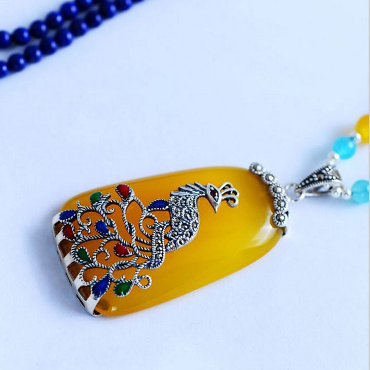 925 Silver Enamel Yellow Chalcedony Pendant Lapis Lazuli Beads Strand Necklace (XH057272)