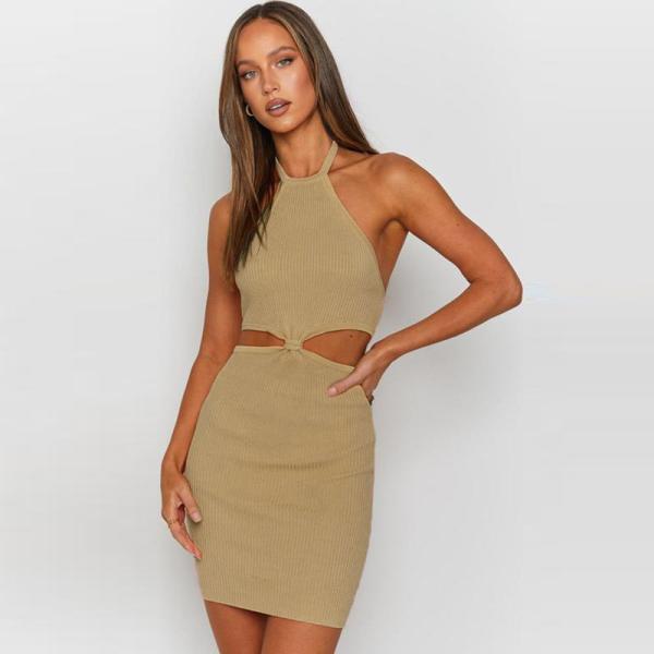Halter Neck Knotted Sexy Women Dresses High Waist Hollow Sleeveless Khaki Brown