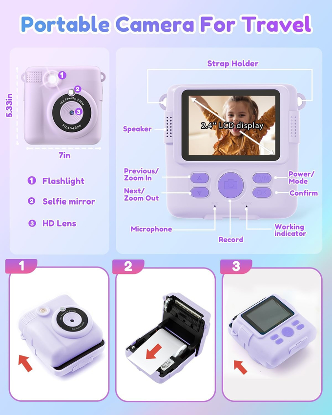 Children Sticker Mini Inkless Printer Instant Camera Portable 57X25mm