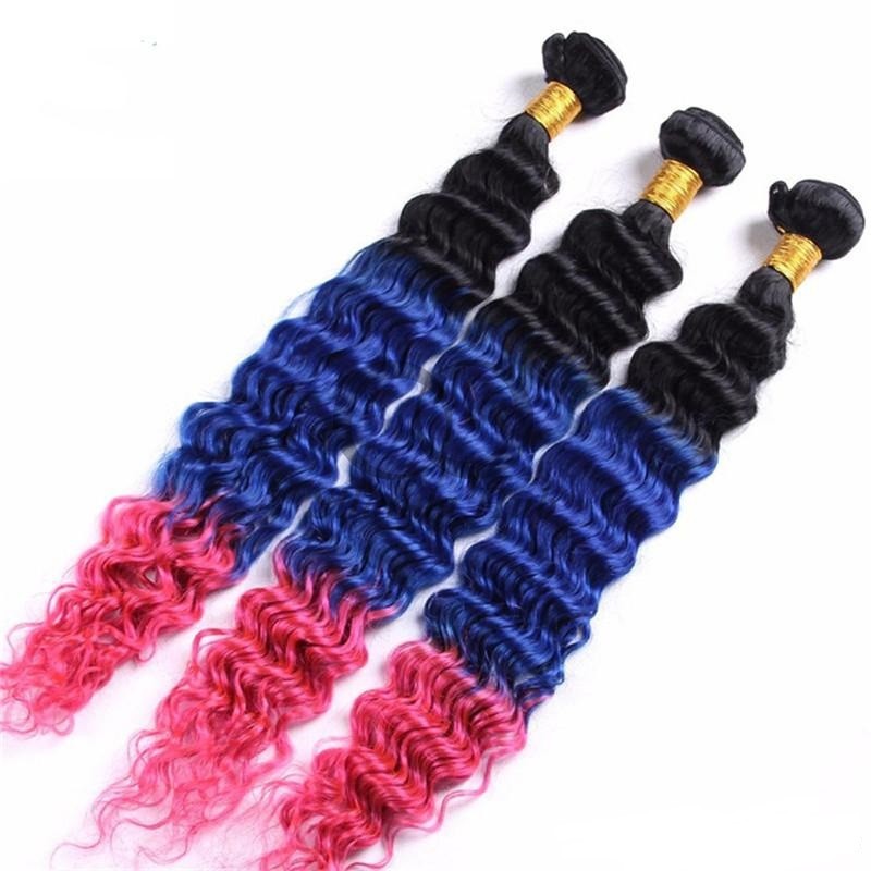 #T1B/Blue/Pink Deep Wave Remy Human Hair Bundles Sew In Weave Bundles Brazilian Bundle Deals
