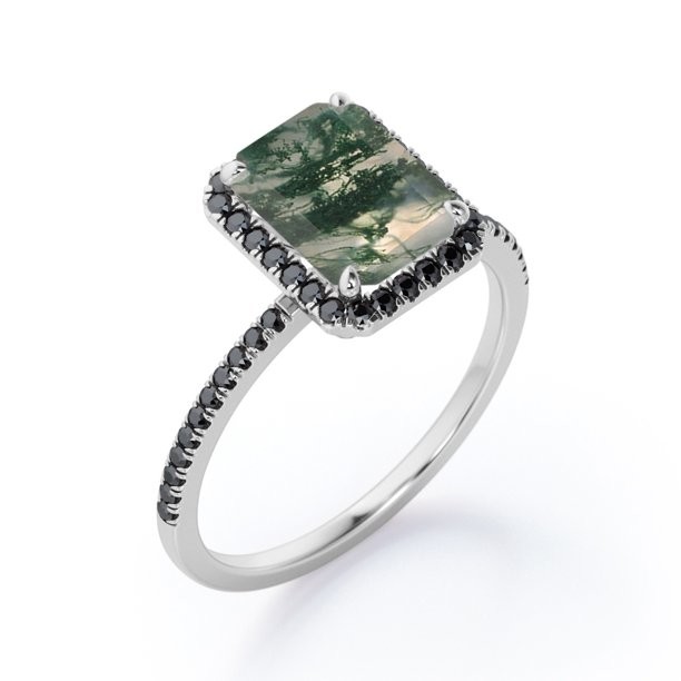 Halo-style Emerald Cut Moss Green Agate With Lab Created Engagement Ring With Pave Accents