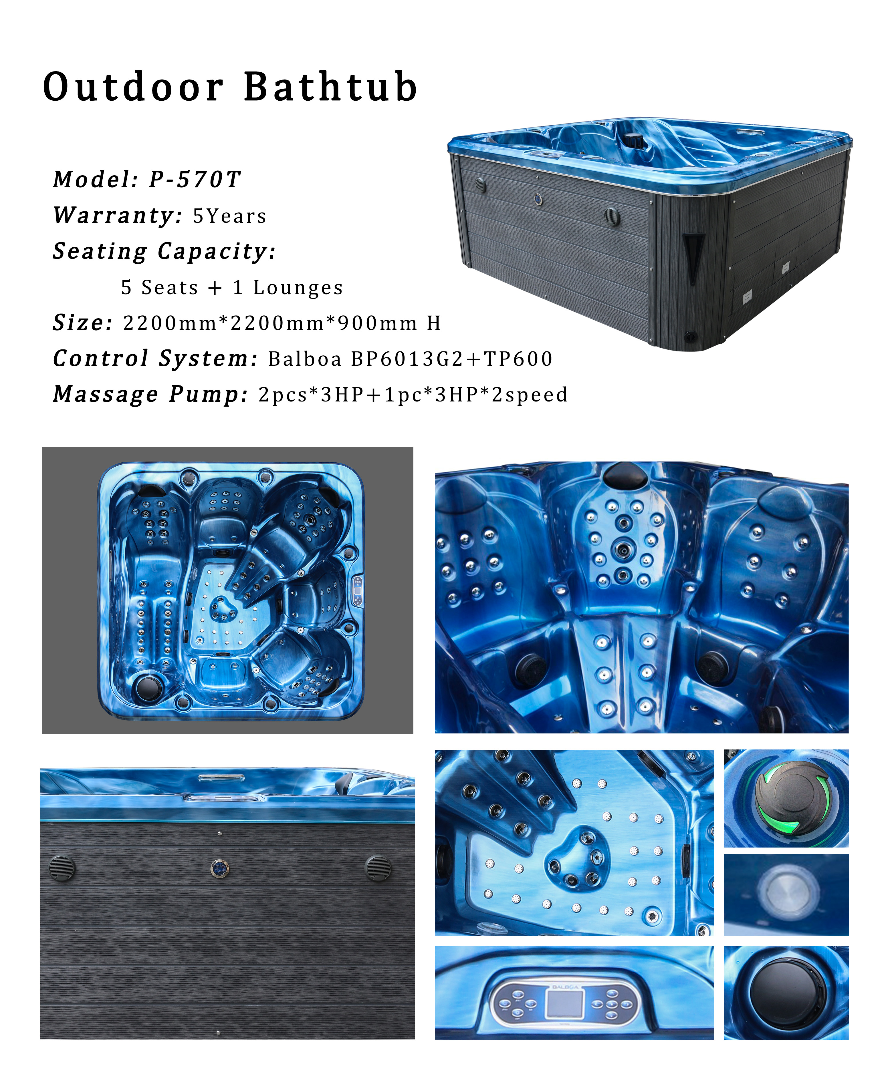 EUROPEAN Villa Luxury 6 Person Square Outdoor Massage Hot Tub Spa