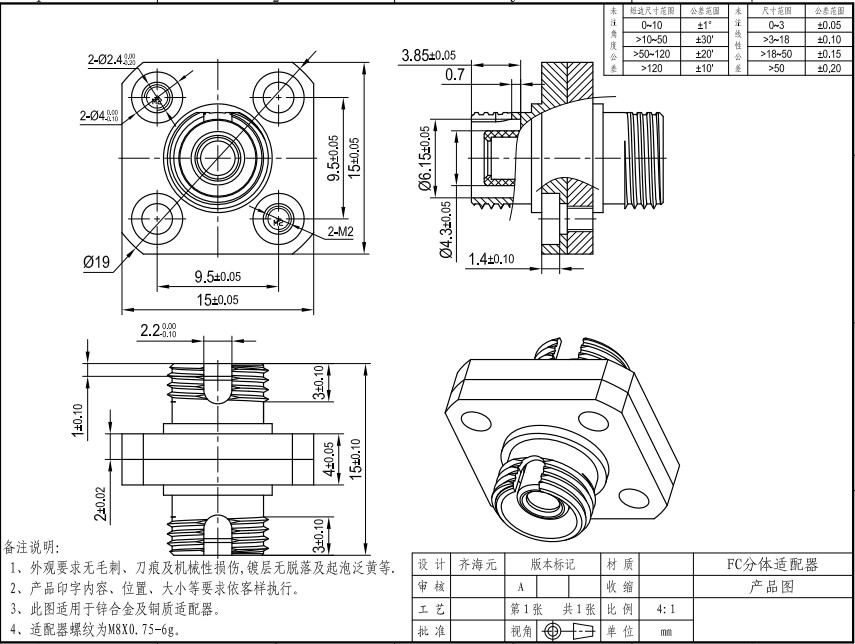 Copper Alloy Square Type FC / APC 1550nm Fiber Optic Adapter