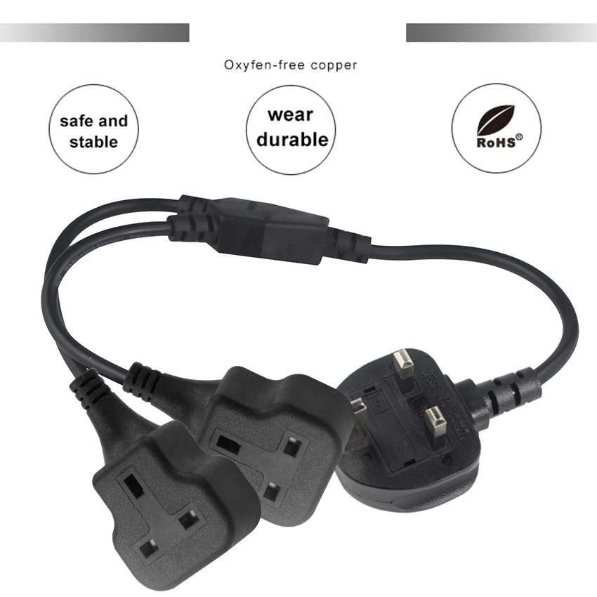 Copper 3 Wires AC Power Cord UK 3Pin Male To Double Female Connector Y Splitter England Cable