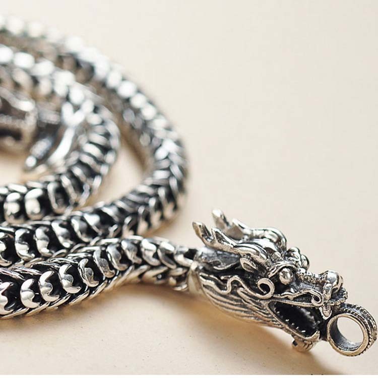 Mens Retro Vintage Dragon Sterling Silver Chain Necklace 24 inches (041558)