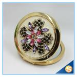 Shinny Gifts Luxury Rhinestone Flower Design Metal Compact Mirror Small Makeup
