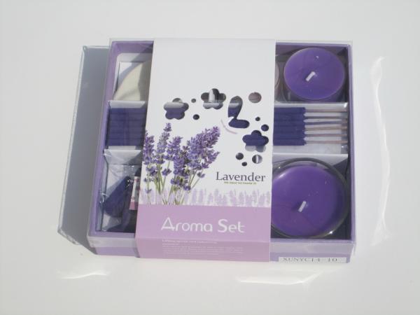Purple lavender fragrance scented mini glass candle with printed label packed