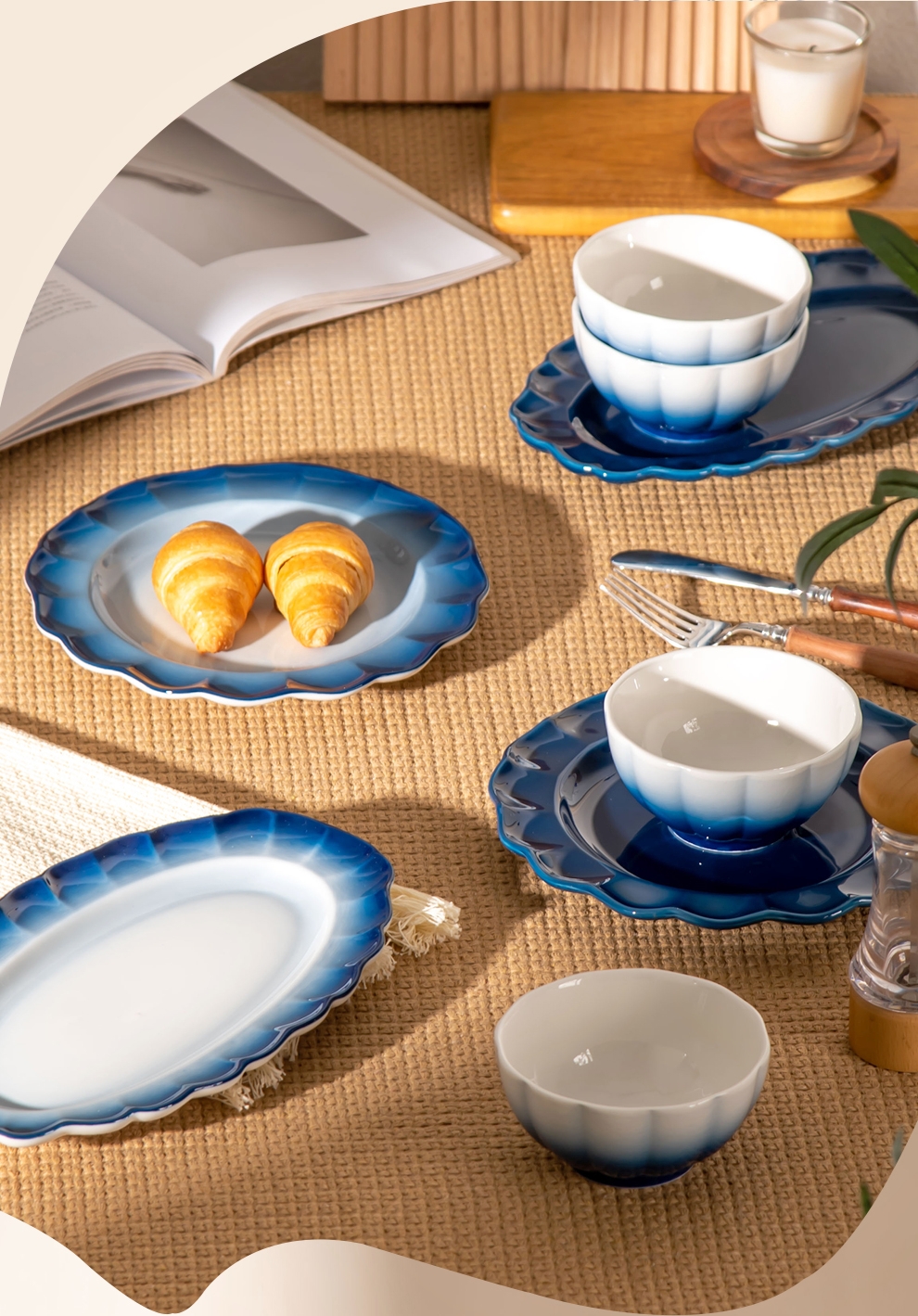 2024 Floral Ceramic Dining Plate Set Tableware Porcelain Blue Stoneware Dinnerware Set