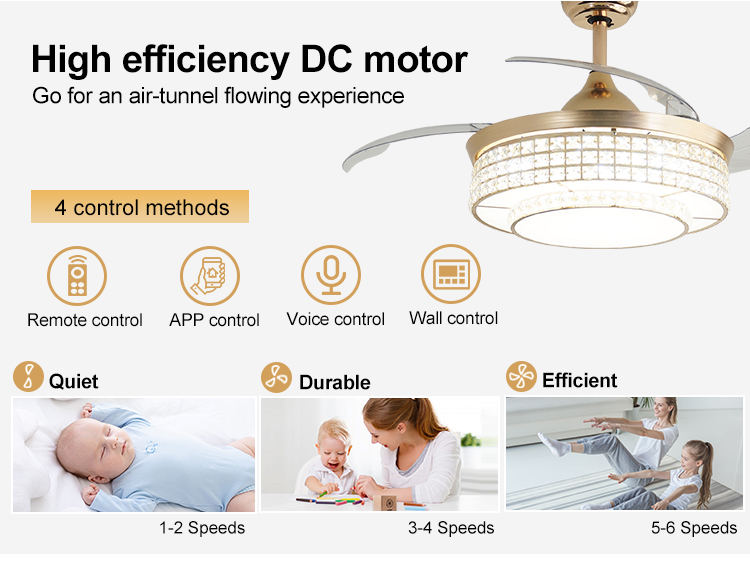 Home Office Function Air Conditioning LED Lighting Gold Ceiling Fan with Hidden Blades