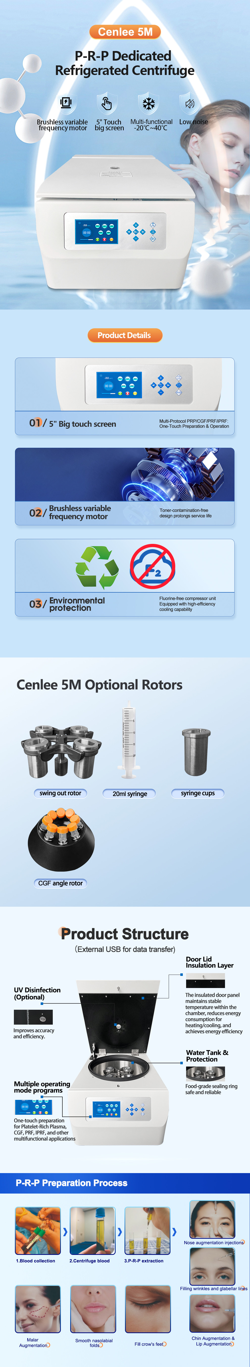 5-inch Touch Screen Buttons CenLee 5M Lab Medical PRP Centrifuge for Platelet Rich Plasma Test Tube Max. Capacity 80ml