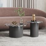Beige Marble Living Room Coffee Table Round With Wooden Base