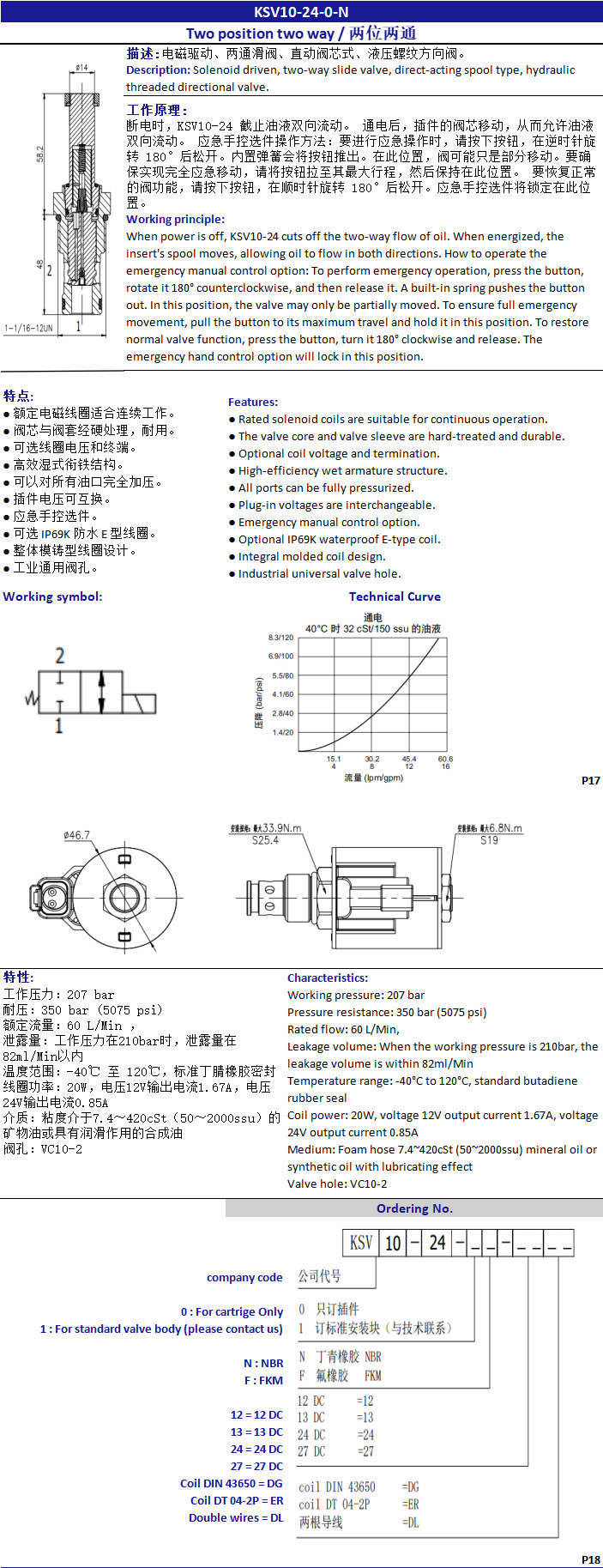 KSV10-25-0-N On / Off Control Cartridge Solenoid Valve KSV10-25 With Two Way Two Position
