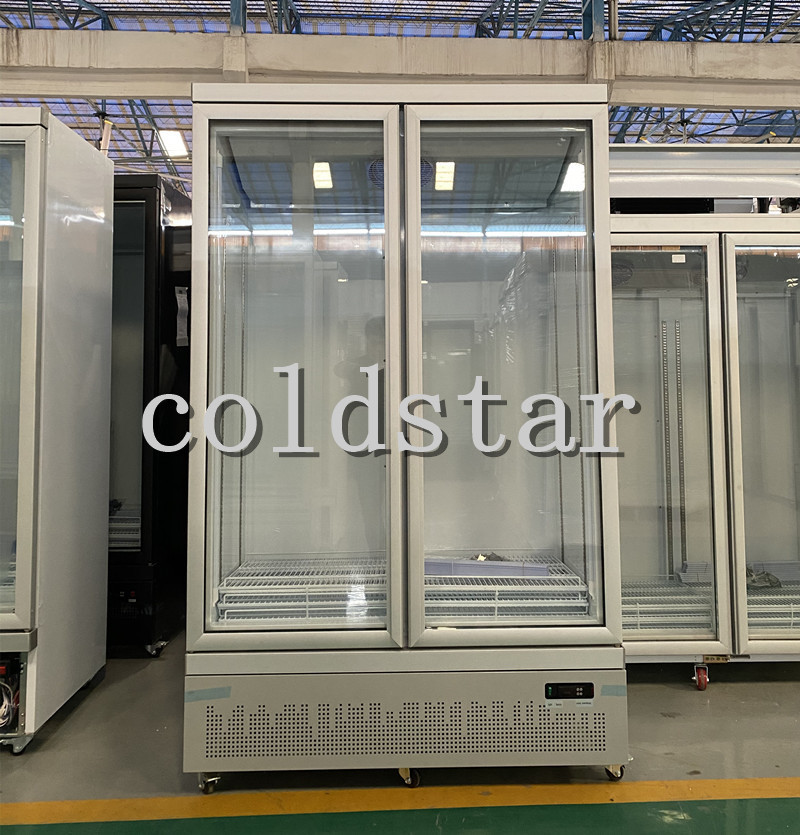 Supermarket 2 Glass Doors Beverage Cooler Equipment Bottom Mount Vertical Display Fridge