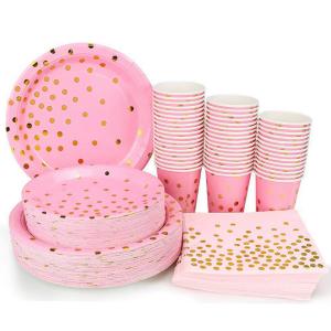 Quality Eco-Friendly Disposable Party Supplies Gold Dot Pink Disposable Party Dinnerware Set wholesale