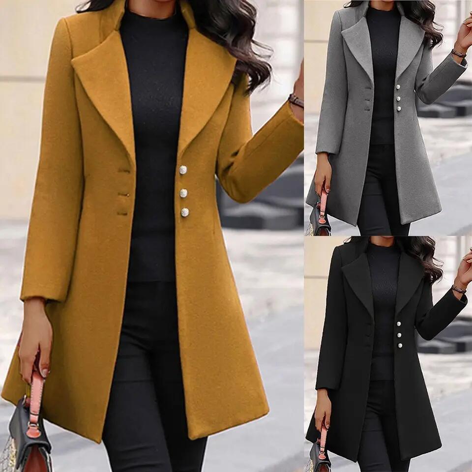 MID-Length Korean Version Wool Lapel Thin Winter Coat Solid Color Slim Ladies Woolen Coats for Women