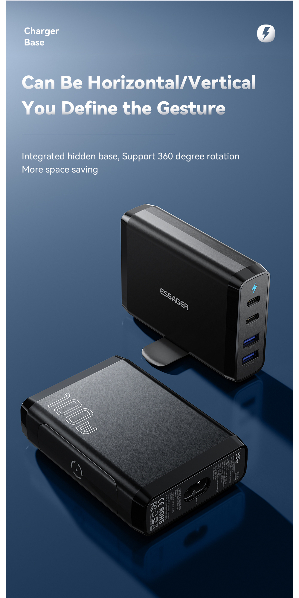 Travel Type C Desktop GaN Phone Charger Quick Charging 100w With Dual USB Ports