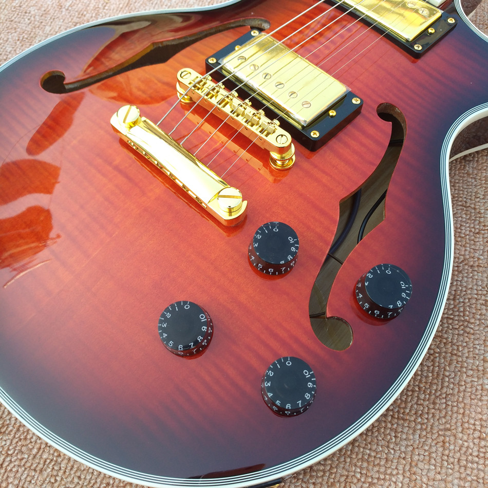 High quality custom LP Semi Hollow body Electric Guitar with F holes, Flame Maple Top & Back LP Electric guitar