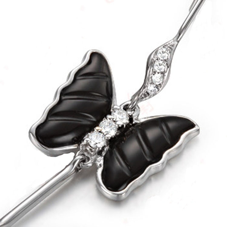 18K White Gold with Diamonds Balck Onyx Butterfly Dangle Earrings (GDE019)