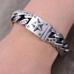 Sterling Silver Heavy Chunky Cuban Curb Link Engraved Stars Mens Bracelet
