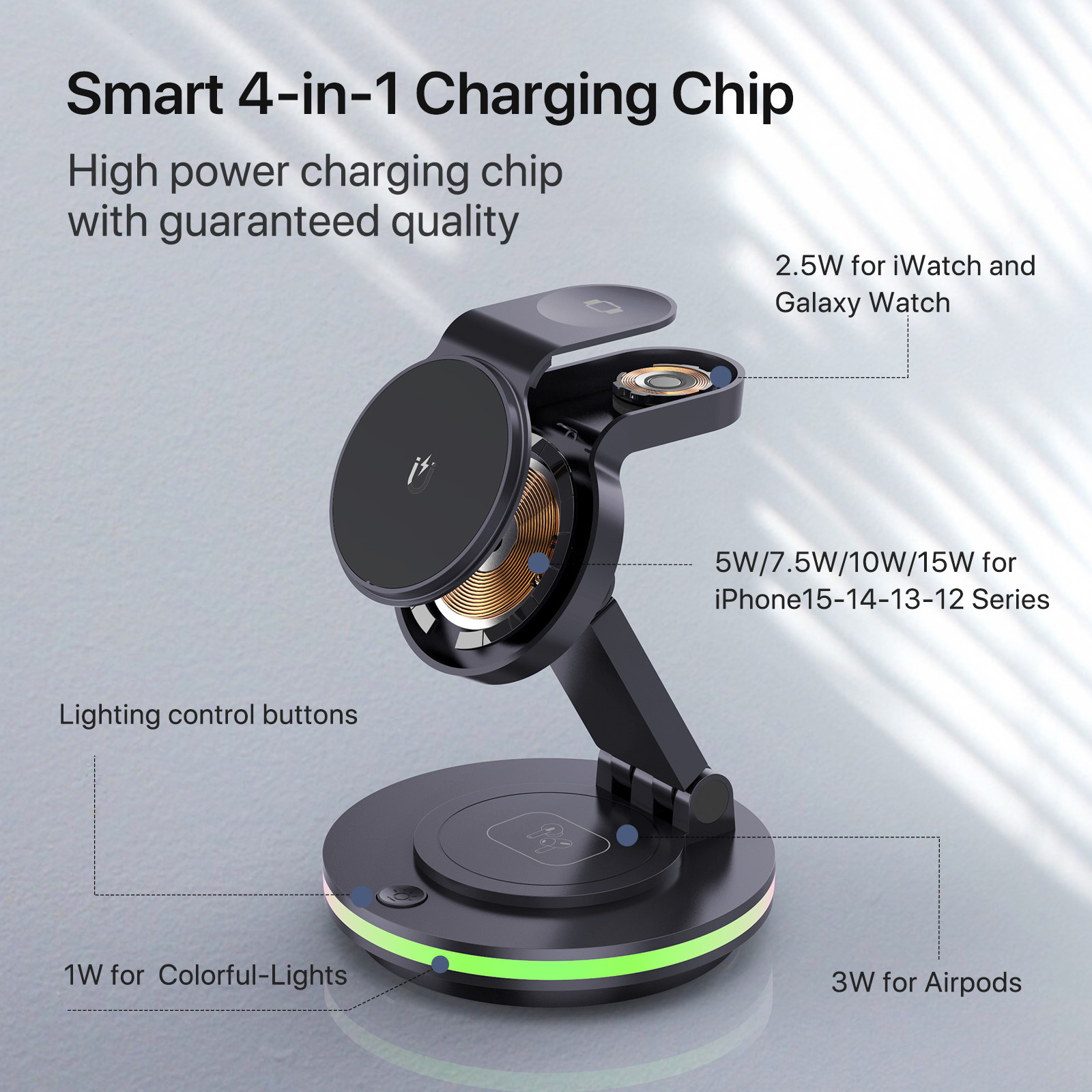 ABS Acrylic Material Foldable Wireless Charger with LED Light and TYPE-C Input