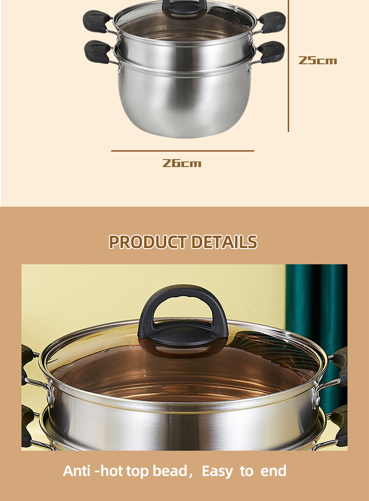 Factory Price Silver Two Layers Stainless Steel Saucepot Food Steamer Pots Soup Pot With Glass Lid
