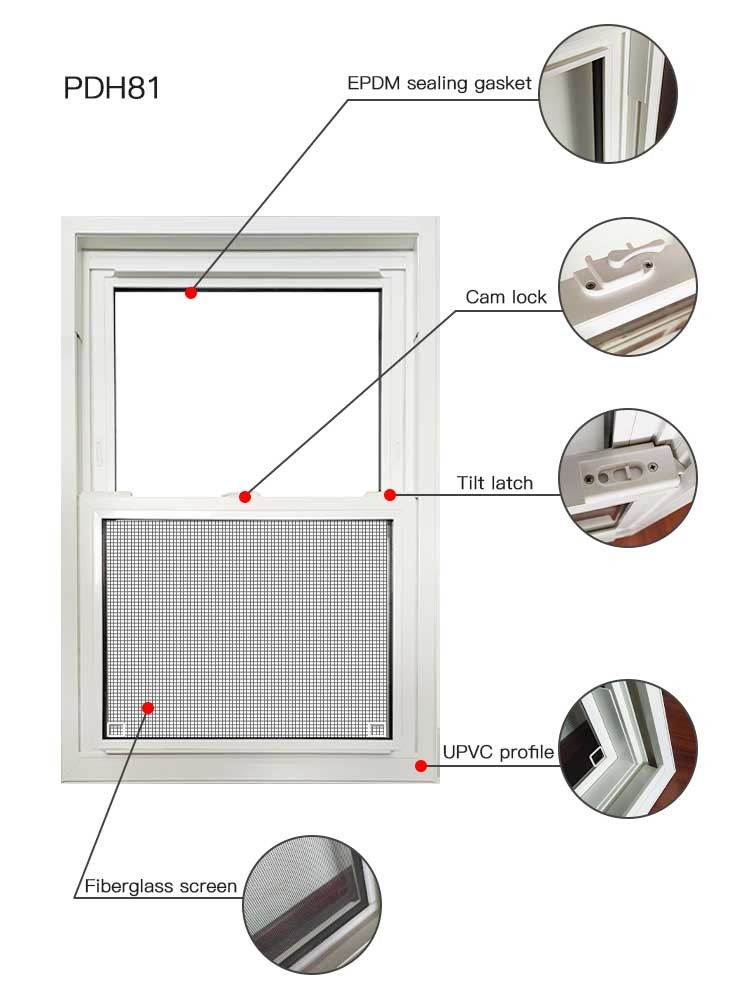 White PVC Double Hung Windows Heat Insulation UPVC Profile Windows ODM