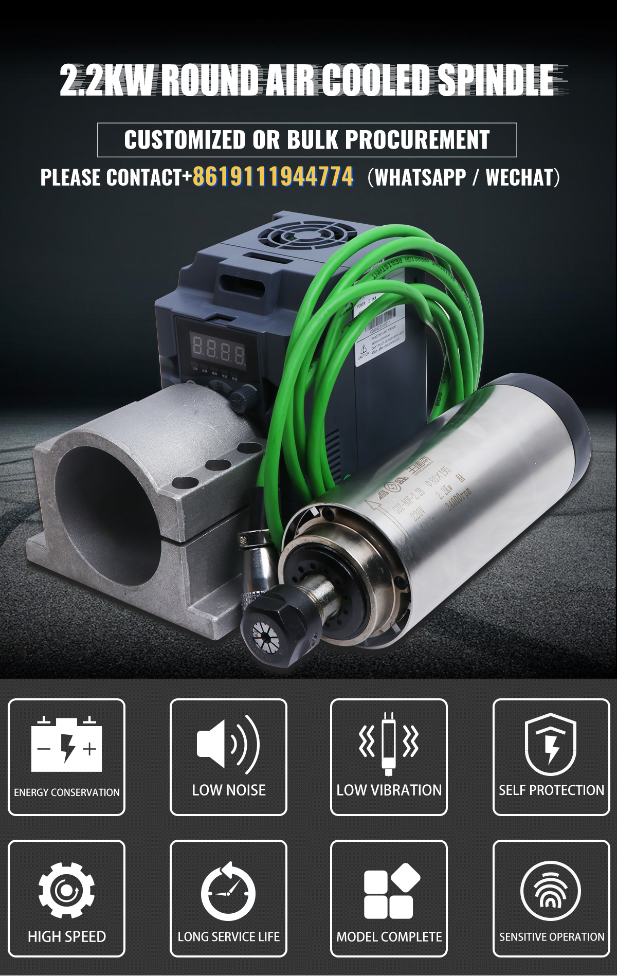 Cooling Type Air Cooled 2.2KW ER20 220V Round Spindle Motor with 80mm Aluminium Bracket