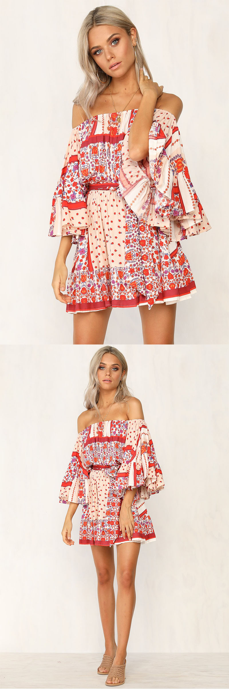 Wholesale Clothing Lantern Sleeve Shirred Waist Women Boho Embroidered Dress