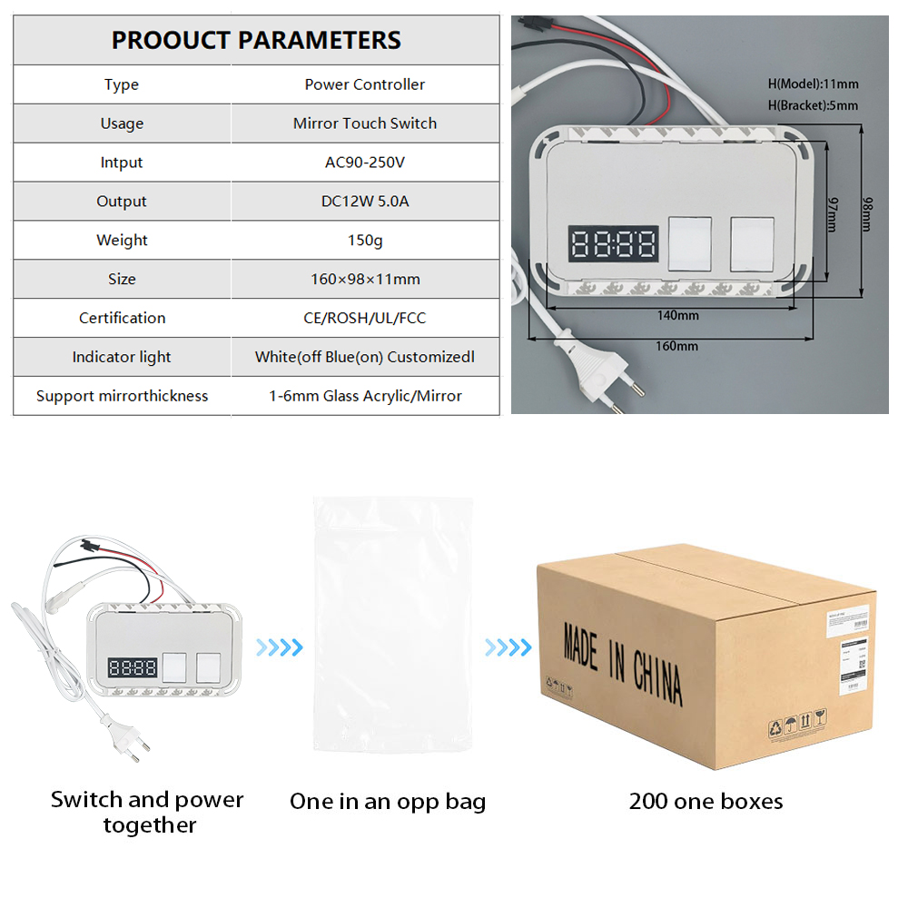 Integrated Mirror Touch Dimmer Switch 110V 240VAC for Led Mirror Defogger 12V 5A 60W