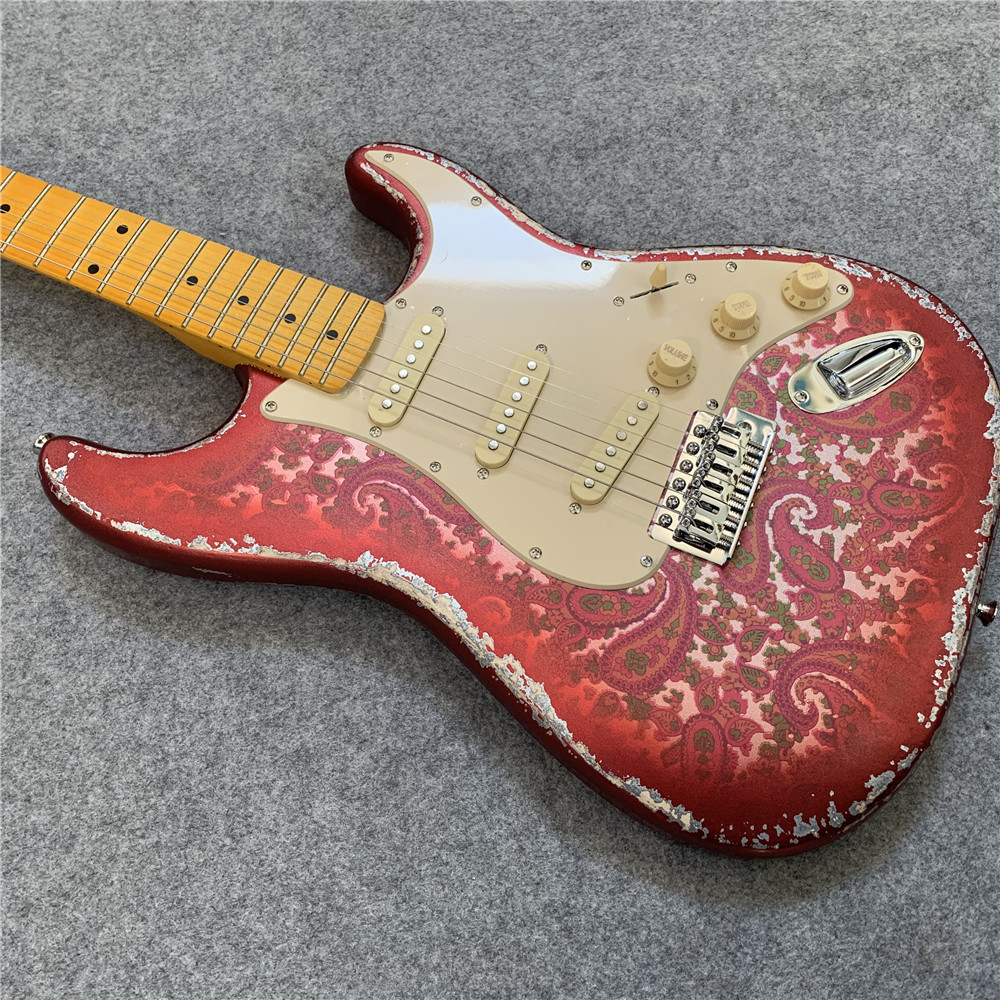 High Quality Electric Guitar Relic Retro Strat Electric Guitar with Pink Flower Color free shipping