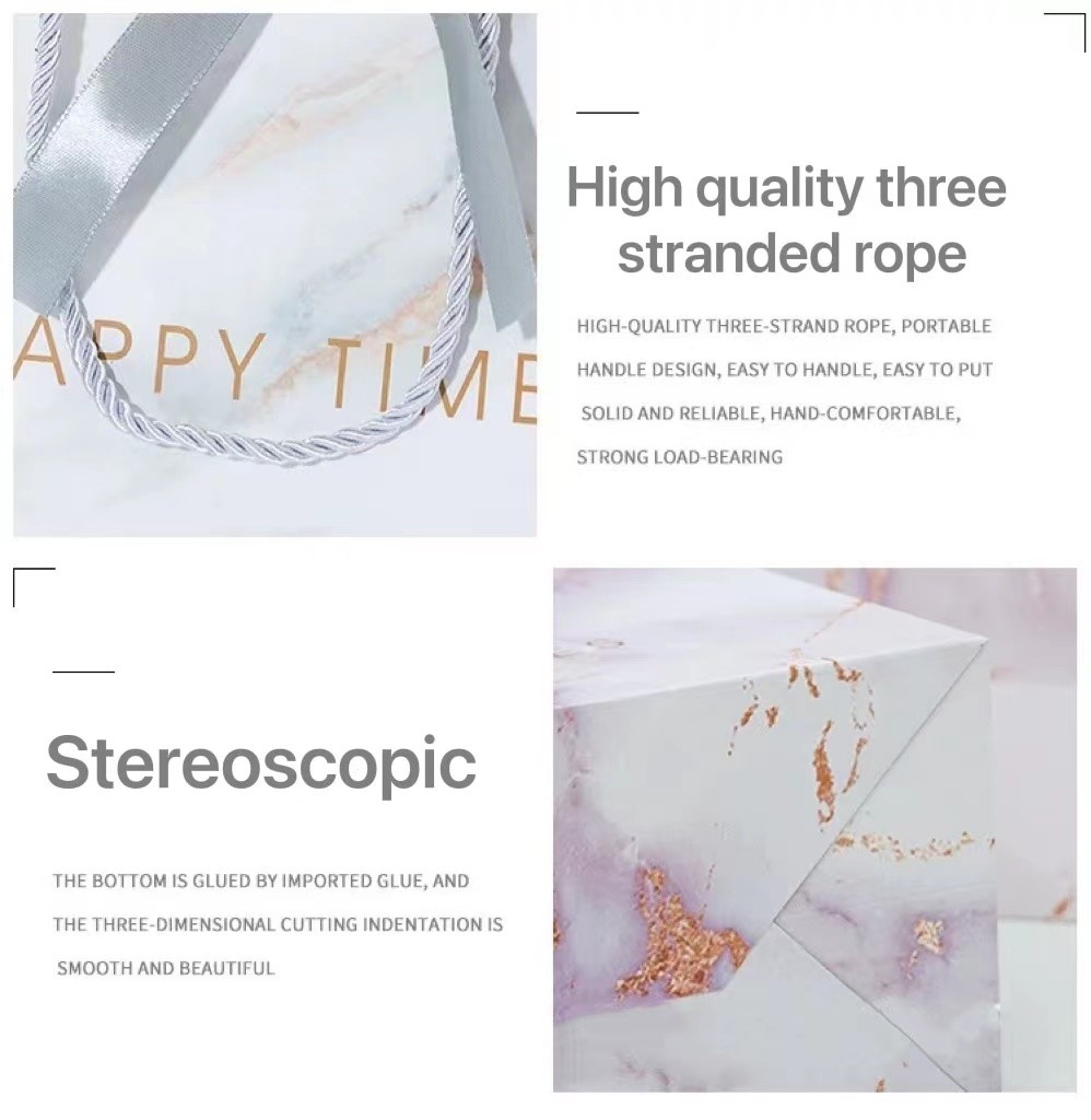 Personalize LOGO Marble paper custom gift bag Paper Delivery Bags with ribbon handle