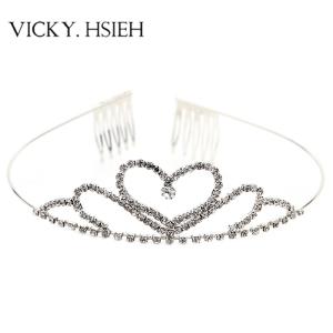 Quality VICKY.HSIEH Hot Sale Silver Tone Crystal Rhinestone Large Peach Heart Waving Crown Tiaras with Comb wholesale