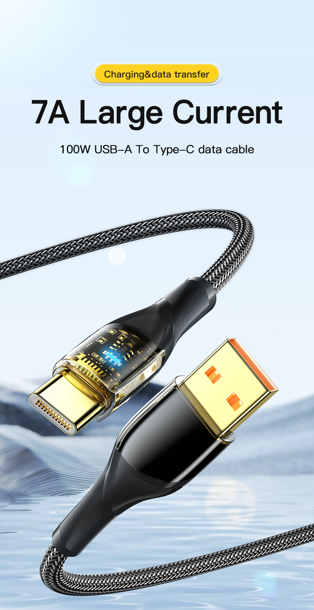 PVC Phone USB A To C Cable Transparent 100W 7A 480Mbps