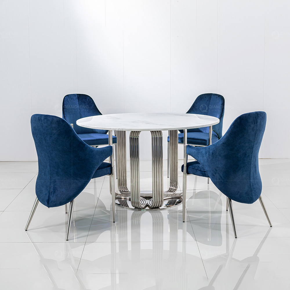 Luxury Round Dining Room Tables With Faux Marble Top Metal Base Brushed Gold