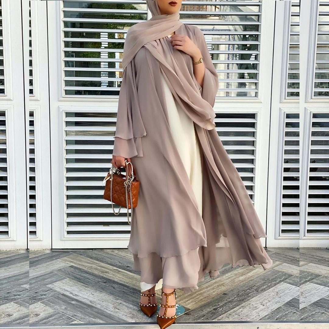 Solid Color Cardigan Soft Elegant Big Size Muslim Long Skirt Chiffon Clothes
