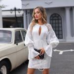 Breathable Ladies Lace Dresses Turtleneck Lantern Sleeve Dress