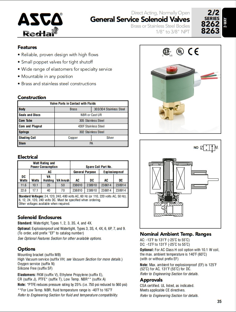 ASCO 2 Position 2 Way Pipeline Solenoid Valve Low Temperature For Commercial Industrial
