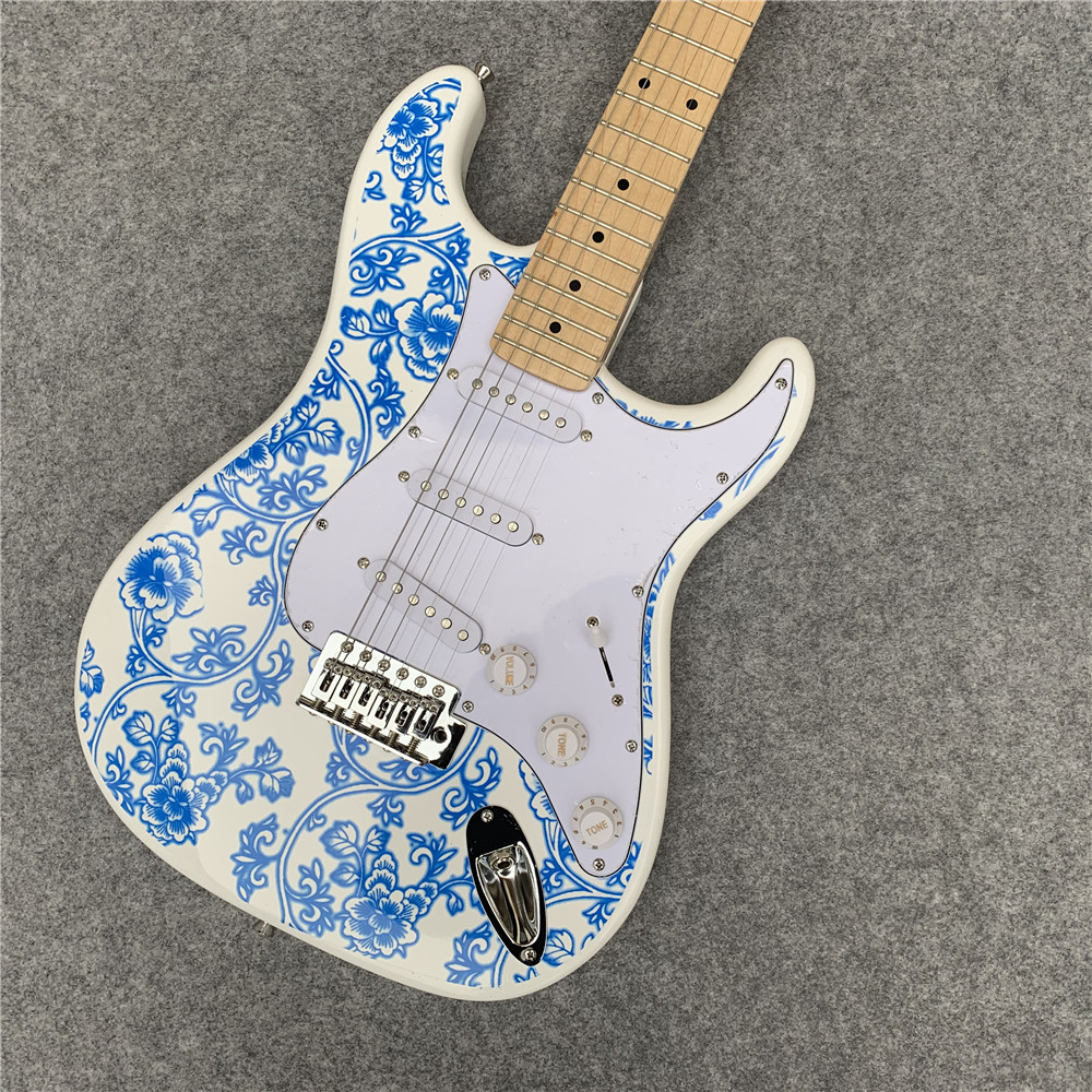 High Quality blue and white porcelain electric guitar white guitar birthday present free shipping