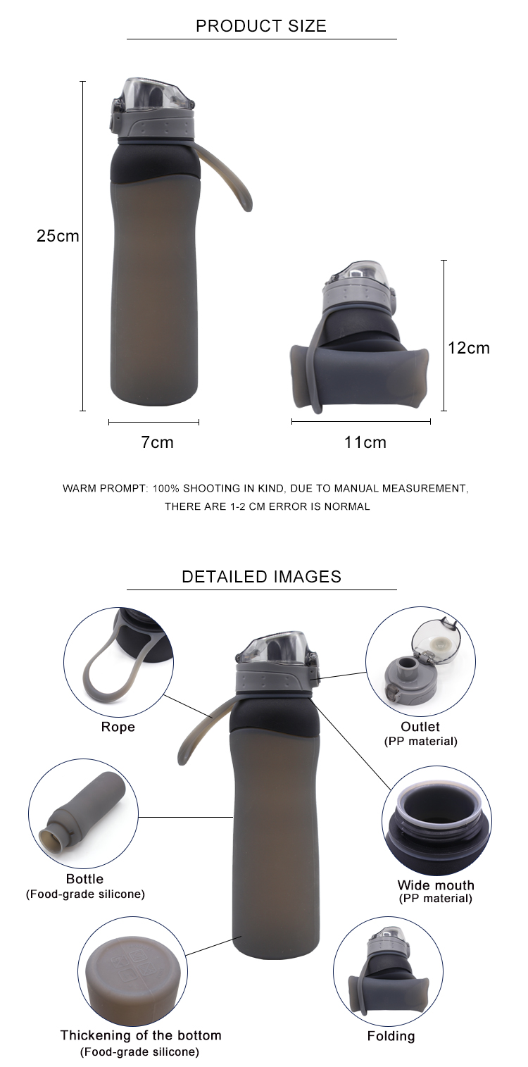 LFGB Certification Collapsible Silicone Water Bottle , 4 Cap Styles