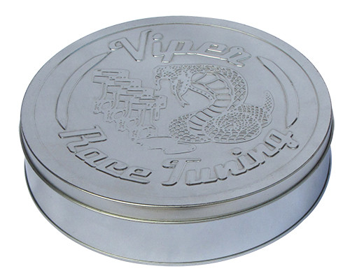 Round Race Tuning Metal Tin Box Silver Plain With Embossed Lid