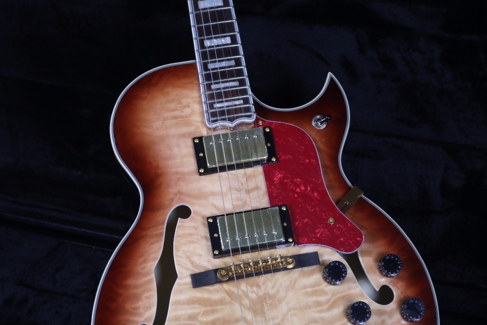 Top Quality Stock Full Hollow Body 41'' Electric Guitar Small Gold Hardware Black Color