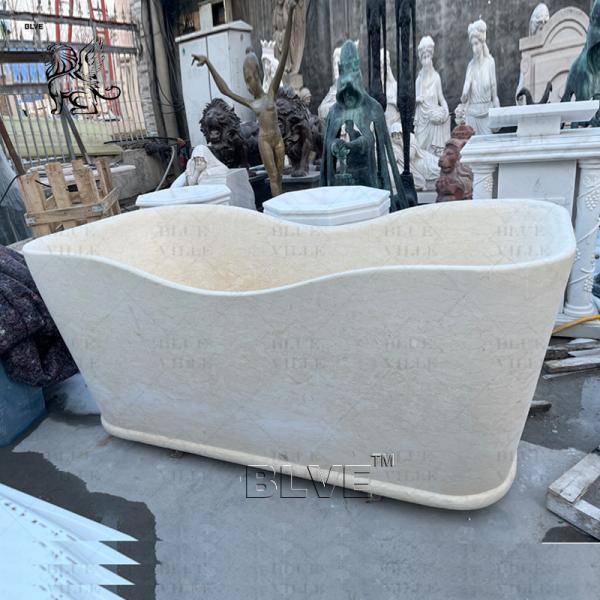 Freestanding Marble Bathtub Cream Natural Stone Elegant Bathtub Hotel Luxury